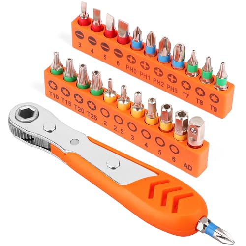 HORUSDY 23pc 1/4" Ultra Low Profile Mini Ratchet Screwdriver Set – Tamper Resistant Star Bits, 90 Degree Right Angle Offset Reversible Drive Handle, High Torque Close Quarters Tool with Multi Hex Bits - style: Star Bit Set