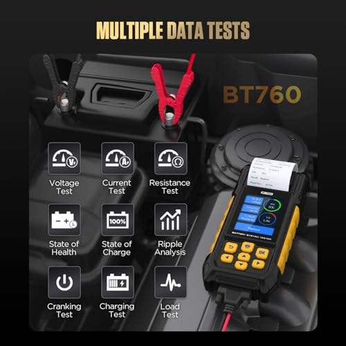 BT760 12V/24V Car Battery Tester with Printer, 30-2000 CCA | Tests flooded, AGM, GEL and EFB lead-acid batteries; includes 3 thermal paper rolls for printable test reports.