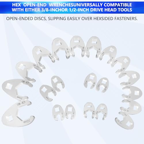 26Pcs Crows Foot Wrench Set 1/2" and 3/8” Drive Flare Nut Crowfoot Set | Metric 8-32mm 6 Point Crows Feet Wrenches, Flare Nut Wrench Kit for Removing Nuts from Hard-to-Reach Areas - color: 26pcs
