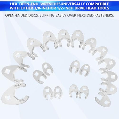 26Pcs Crows Foot Wrench Set 1/2" and 3/8” Drive Flare Nut Crowfoot Set | Metric 8-32mm 6 Point Crows Feet Wrenches, Flare Nut Wrench Kit for Removing Nuts from Hard-to-Reach Areas - color: 26pcs