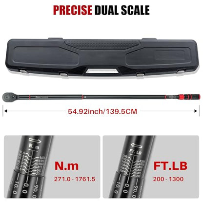 1 Inch Drive Click Torque Wrench-200-1300 Ft-Lb for Truck, Tractor | Dual-Direction Adjustable 24 Tooth Torque Wrench(271-1762.5N.m), 3% Accuracy for HD Vehicles Wind Turbine Maint.Heavy Equip. - style: 1"DR. 200~1300 FT-LB