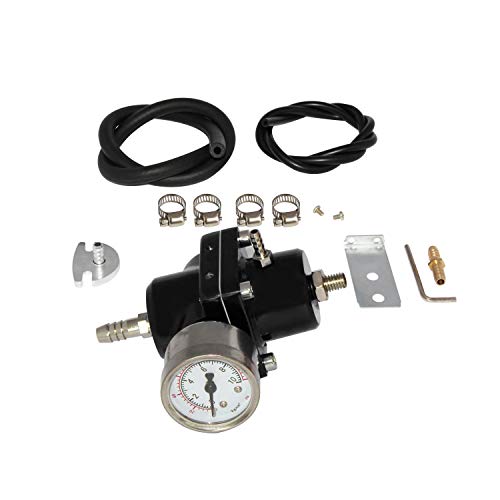 Universal Adjustable Fuel Pressure Regulator Kit with 0-140 PSI Gauge Aluminum Gas Oil Injection Pressure Regulator - color: Black