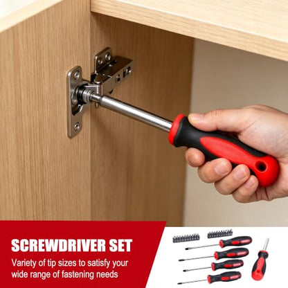 FASTPRO 236-Piece Home Repairing Tool Set, Mechanics Hand Tool Kit with 12-Inch Wide Mouth Open Storage Bag, Household Tool Set for DIY, Home Maintenance, Red - color: Red