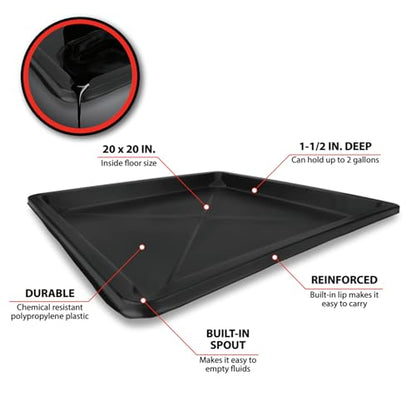 Performance Tool W4062 22 Inch by 22 Inch Plastic Drip Pan - Chemical-Resistant Polypropylene for Garage, Bath, Plumbing, Emergencies, Vehicle Repairs, Oil Change, Pour Spout, Catch Leaks - Black