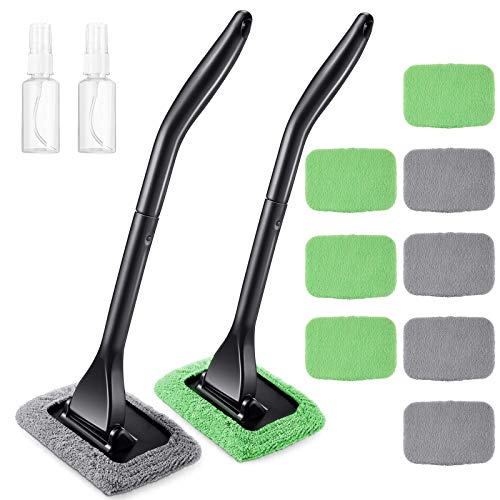 Frienda 2 Set Windshield Cleaner Tool Inside Car Windshield Cleaning Wand Auto Window Cleaner with Detachable Handle, 8 Reusable Microfiber Pads and 2 Spray Bottles for Car Interior(Gray, Green) - color: Gray, Green