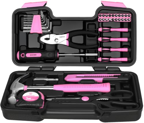 DEKOPRO 39-Piece Pink Household Tool Kit for Women, Basic Hand Tool Set with Plastic Toolbox Storage Case, Small Starter Tool Box Set for Home Repairs, DIY Projects, Crafts and Dorm Essentials - color: Pink