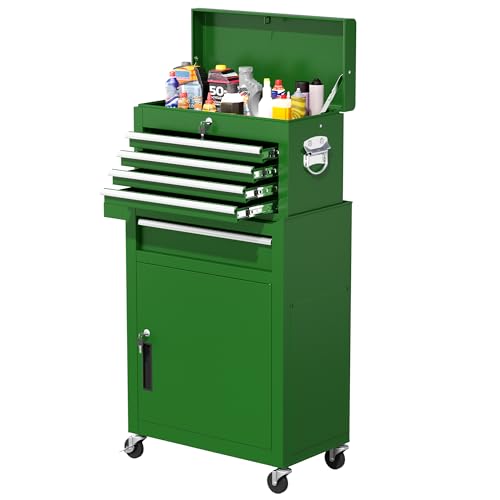 Greenvelly Tool Chest, 5-Drawer Rolling Tool Chest with Hooks and Lockable Wheels, Detachable Top Tool Box, Toolbox with Wheels, Rolling Tool Box for Mechanics Garage Workshop and Tool Room (Green) - color: Green, size: 5 Drawers