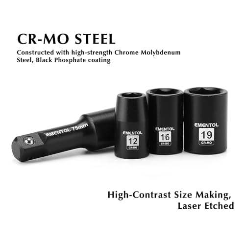 EMENTOL 30PCS 1/2" Drive Shallow Impact Socket Set, Metric, 10mm - 36mm, CR-MO, 6 Point, Includes 3-inch and 6-inch Imapct Extension Bars, 1/4"-1/2" Drill Adapter - size: 1/2" Drive (10mm-36mm),Shallow