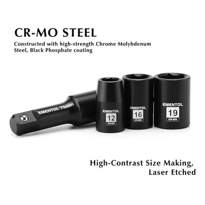 EMENTOL 30PCS 1/2" Drive Shallow Impact Socket Set, Metric, 10mm - 36mm, CR-MO, 6 Point, Includes 3-inch and 6-inch Imapct Extension Bars, 1/4"-1/2" Drill Adapter - size: 1/2" Drive (10mm-36mm),Shallow