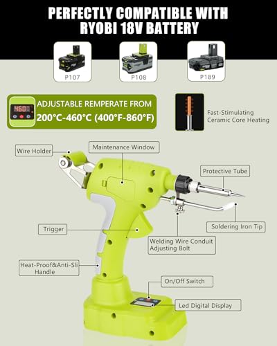 Taingwei Cordless Soldering Iron Kit for Ryobi 18v Battery,75W LED Digital Solder Iron Soldering Gun with 5pcs Tips,50g 0.04” Solder Wire for any Hobby Enthusiast (Battery not included) - style: For Ryobi Battery