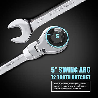 LOSCHEN Metric Open Flex-Head Ratcheting Wrench Combination 12 Pcs/set 8-19mm, Metric Spanner with 72 Teeth, Chrome Vanadium Steel Tubing Ratchet （US and European Patents） - size: 8-19mm