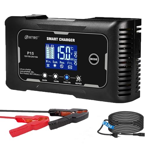 SolaMr Lithium Lifepo4 Battery Charger, 15 Amp 12V and 24V Portable Smart Car Battery Charger, Trickle Charger for Lead-Acid(AGM/Gel/SLA), Deep Cycle Charger for Marine, RV, Motorcycle (P15) - size: P15 Battery Charger