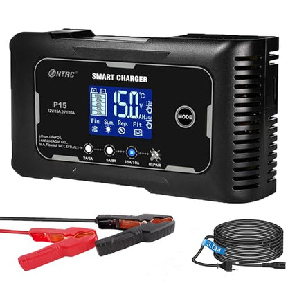 SolaMr Lithium Lifepo4 Battery Charger, 15 Amp 12V and 24V Portable Smart Car Battery Charger, Trickle Charger for Lead-Acid(AGM/Gel/SLA), Deep Cycle Charger for Marine, RV, Motorcycle (P15) - size: P15 Battery Charger