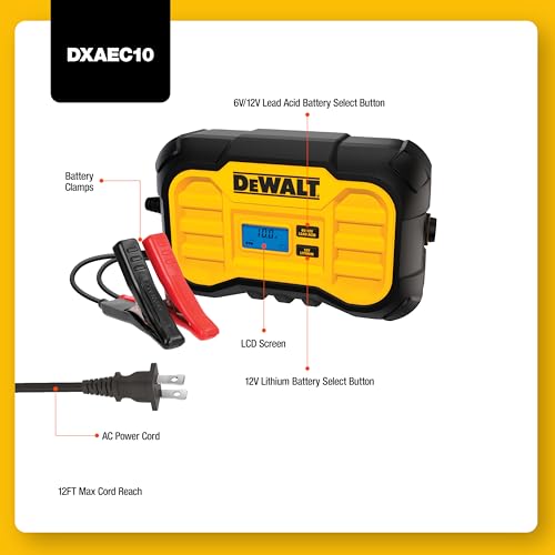 DeWalt DXAEC10 10 Amp Battery Charger for Vehicles | 6V or 12V Selector, Lithium LiFePO4 or Lead Acid Batteries - size: 10 Amp