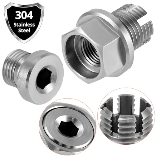 QWORK Stainless Steel M14.1-1.5 x 15mm Oversize Oil Drain Plug, Self Tapping Oil Pan Thread Repair Kit with Hex Key, O-Rings, and Copper Gaskets