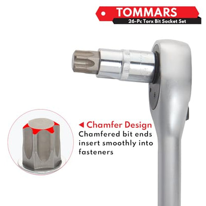 TOMMARS 26-PC Torx Socket Set, Torx Star Tamper Proof Security Bit | T10-T70 & TT10-TT70,1/4", 3/8", 1/2" Drive, S2 Steel Bits, CRV Sockets - style: Torx and Torx Tamper Proof Bit Socket