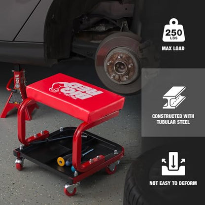 Big RED Rolling Mechanic Stool | 360° swivel casters; 250-lb steel frame; 3-zone tool tray; 14" waterproof padded seat; for garages, auto shops & DIY - style: 6300