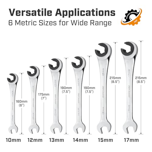 ironcube Brake Line Wrench Set: 6 Pcs Metric 10-17mm - Ratcheting Open-end for Nuts on Fuel, Brake or Air Conditioning Lines - size: 10-17mm