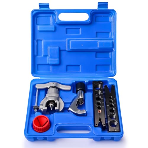 TURBRO HVAC FlaringTool Kit for 1/4 to 3/4in Pipes, 45 Degree Eccentric Cone Type, 2 Flaring Splints, Single Flaring Tool with a Pipe Cutter and Deburring Reamer, for Copper and Aluminum Pipes - size: 12 Sizes with Tube Cutter
