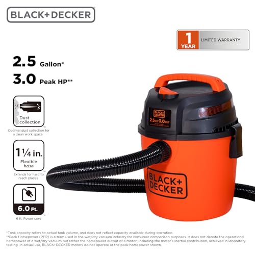 BLACK+DECKER 2.5 Gallon Shop Vac, 3 HP Wet Dry Vacuum with Powerful Suction, Portable for Garage Car and Home Use, Pet Hair Cleaning, Accessories Included, BDXV18134PA - size: 2.5 Gallon 3 HP