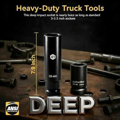 1 Inch Driver 41mm Extra Deep Impact Socket, 7.9 inch Length Deep Axle Nut Socket,6 Point Cr-Mo Deep Truck Wheel Nut Socket,Radius Corner Design, Chamfered Opening - size: 41