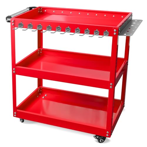 YATOINTO 3-Tier Rolling Tool Cart, Metal Rolling Cart with Side Hooks Wheels, 330LBS Heavy Duty Utility Carts, Handle Rolling Mechanic Tool Cart Storage Organizer for Warehouse Garage