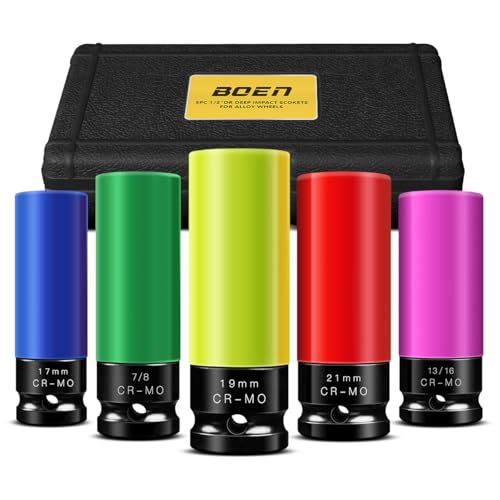 BOEN 1/2" Drive Wheel Protector Impact Socket, Non-Marring Lug Nut Thin Wall Deep Socket Set, CR-MO, 6 Point, Color-Coded Protective Socket | Metric 17 19 21 mm | SAE 13/16 7/8 inch (5 PCS) - size: 5-Piece Metric/SAE