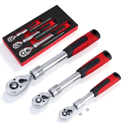 3-Piece Extendable Ratchet Wrench Set, 1/4", 3/8", 1/2" Drive, 72-Tooth Quick-Release Reversible Socket Wrench, Chrome-Plated & Polished, Heavy-Duty Mechanics Tool Set with Storage Tray