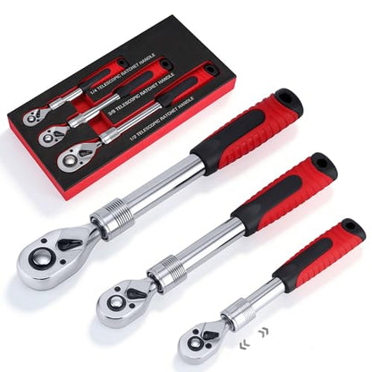 3-Piece Extendable Ratchet Wrench Set, 1/4", 3/8", 1/2" Drive, 72-Tooth Quick-Release Reversible Socket Wrench, Chrome-Plated & Polished, Heavy-Duty Mechanics Tool Set with Storage Tray