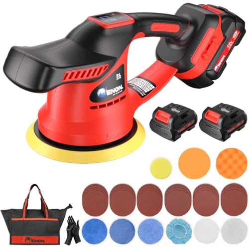 ENON Cordless Car Buffer Polisher Kit（2X 2000mAh 12V Batteries&34 PCS Attachments）- Brushless Dual Action Random Orbital Polishing with 6-Speed 6000RPM for Auto Detailing, Waxing & Paint Correction - color: Red(with Battery and Charger)