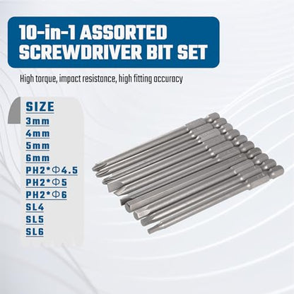 VESTTIO 10PCS Long Screwdriver Bit Sets, 4 Inch/100 mm | 4 Hex 3 Slotted 3 Phillips, 1/4 inch Hex Shank, S2 Steel, Magnetic Bit Assortment - size: 3SL3PH4HEX / 4 inch