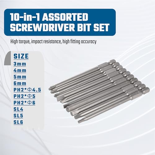 VESTTIO 10PCS Long Screwdriver Bit Sets, 4 Inch/100 mm | 4 Hex 3 Slotted 3 Phillips, 1/4 inch Hex Shank, S2 Steel, Magnetic Bit Assortment - size: 3SL3PH4HEX / 4 inch