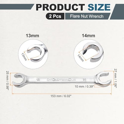 HARFINGTON 2 Pcs Flare Nut Wrench 13mm x 14mm Metric Double Open End Thick Spanner Mirror Polish Finish 45# Steel Brake Line Wrench For Fuel Tube Hose Transmission Line, Silver - size: 13mm x 14mm