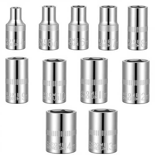 11 Piece Silver Carbon Steel Socket Set, 1/4" 6-Point Drive Metric Socket Set, Metric Sizes 14-4mm, Durable Corrosion-Resistant for Mechanical Repairs