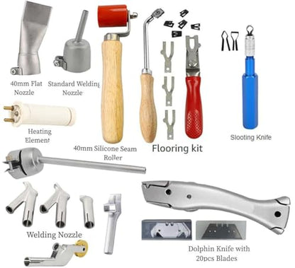 1600W Hot Air Plastic Welder Gun, Flooring Tool Set Handheld Torch Welder Pistol Vinyl PVC TPO Welding Heat Gun, with Butterfly Repair Welding Kit, Speed Welding Nozzles, Vinyl Flooring Kit