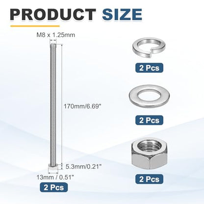 MECCANIXITY M8 x 170mm 304 Stainless Steel Hex Head Screws Bolts, Nuts, Flat & Lock Washers Assortment Kit, Fully Threaded, Bright Finish for Home, Electronic, Machine, 2 Sets - size: M8 x 170mm