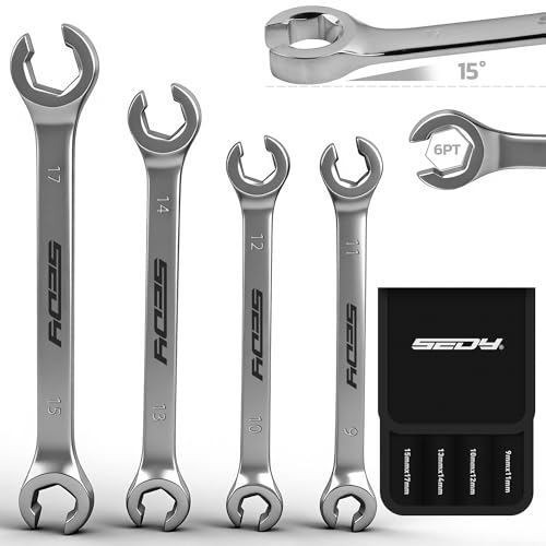 SEDY 4-Piece Flare Nut Wrench Set, Offset End Spanner Metric 9 10 11 12 13 14 15 17mm, CR-V Steel Storage Pouch Repair and Remove Nuts on Fuel Tube Hose Transmission Line - style: 4-Pc Metric (Flare Nut)