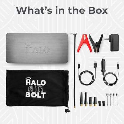 HALO Bolt Air 58830 Portable Car Battery Jump Starter | 100 PSI Air Compressor, 58.8Wh USB Power Bank, Emergency Floodlight & Charger, Jumps Cars SUVs & Trucks, Inflates Tires, TSA Approved — Gray - color: Grey