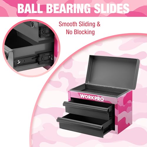WORKPRO Metal Mini Tool Box with 2 Drawers and Top Storage | Cold Rolled Steel Toolbox, Ball Bearing Slides, PVC Drawer Liners, PP Feet Pads, Durable Storage - color: Pink Camo