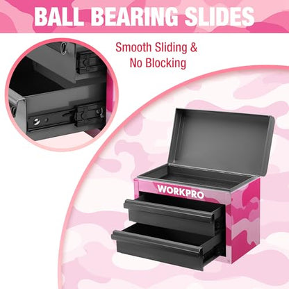 WORKPRO Metal Mini Tool Box with 2 Drawers and Top Storage | Cold Rolled Steel Toolbox, Ball Bearing Slides, PVC Drawer Liners, PP Feet Pads, Durable Storage - color: Pink Camo