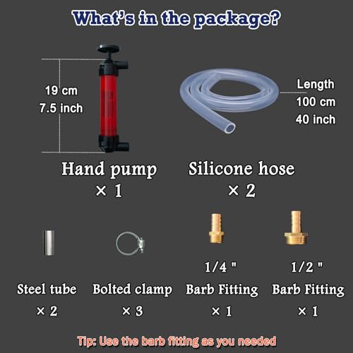 Hand Fuel Pump, Manual Liquid Siphon Pump, Multi-Use Fluid Transfer, Oil, Gasoline, Water, For RV Winterizing, Car Maintenance, Garage, Farm, Mechanic, Includes 2 Hoses, 2 Adapters, 3 Clamps (H-Pump)