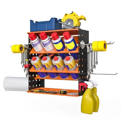 Wall Mount Spray Can Holder, Aerosol Spray Bottle Holder Storage Rack, Heavy-Duty Paint Bottle Organizer with 8 Can Holes & 4 Steel Hooks, 4 Plastic Hooks for Garage, Shop, Home or Tool Trailer - style: A-Spray Can Rack