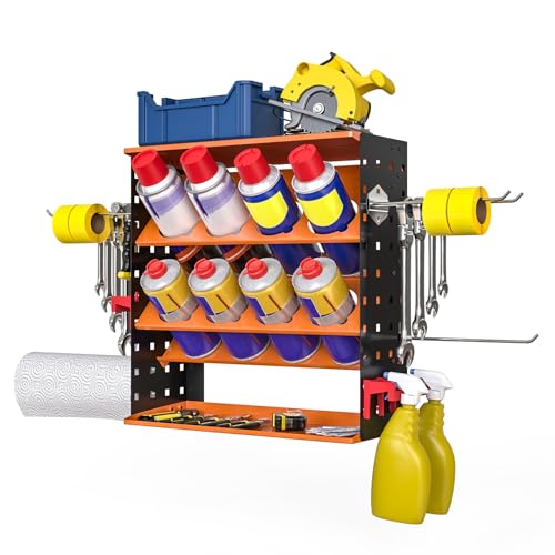 Wall Mount Spray Can Holder, Aerosol Spray Bottle Holder Storage Rack, Heavy-Duty Paint Bottle Organizer with 8 Can Holes & 4 Steel Hooks, 4 Plastic Hooks for Garage, Shop, Home or Tool Trailer - style: A-Spray Can Rack
