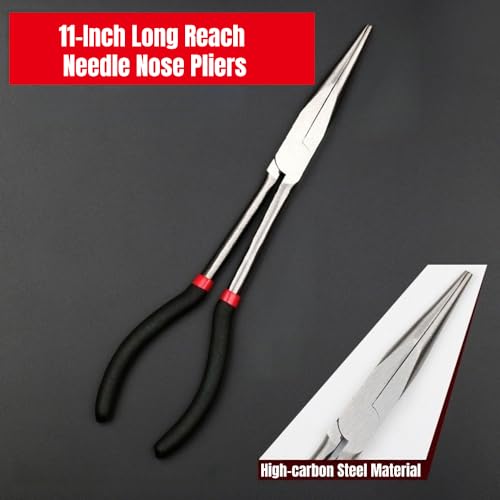 11-Inch Long Reach Needle Nose Pliers ，Straight Needle Nose Pliers with Milled Jaws & Non-Slip Grips for Mechanics, Electricians, and Home Repairs