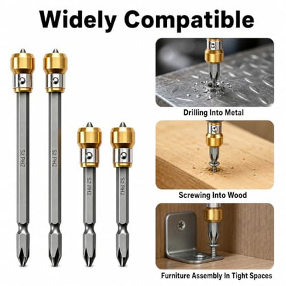 4-Piece PH2 Magnetic Screw-Holding Bit Set,Strong Magnetic Anti-Slip Impact Resistant Drill Bits, Compatible with Power Drivers for Woodworking Automotive Repair