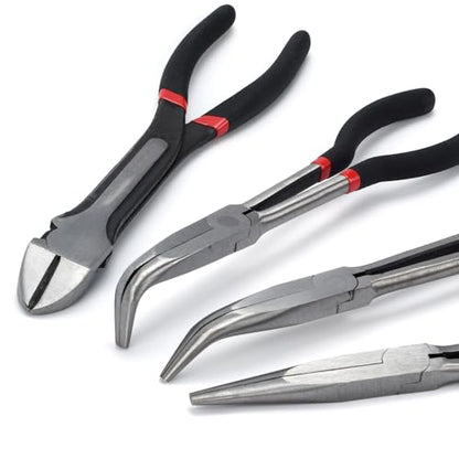 4-Piece 11" Extra Long Needle Nose Pliers Set with Insulated Comfort Grip, Straight Long Reach, 45/90°Bent Nose & Diagonal Pliers for Bending, Shaping & Trimming in Narrow Spaces - size: 4Pcs-Straight/45/90