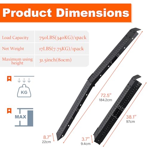 72.5" Heavy Duty Folding Loading Ramps with Sandblasted Finish, 1500lb Capacity, Ideal for Motorcycles, Lawn Mowers, ATVs, UTVs, and More – Pack of 2 with Safety Straps and Gloves