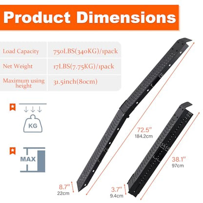 72.5" Heavy Duty Folding Loading Ramps with Sandblasted Finish, 1500lb Capacity, Ideal for Motorcycles, Lawn Mowers, ATVs, UTVs, and More – Pack of 2 with Safety Straps and Gloves