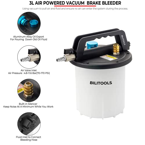BILITOOLS 3L Vacuum Brake Bleeder Kit One Person, Brake Fluid Bleeding Tool | Universal Pneumatic Brake System Clutch Fluid Extractor Kit Air Compressor with 1L Refilling Bottle, Clean & Efficient