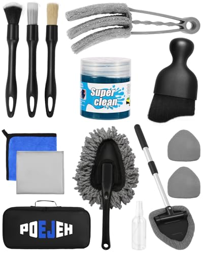 15PCS Interior Cleaning Kit Graded Boar Brush 160g Gel Swivel Glass Tool | Scratch-free vent duster microfiber pads waterproof bag, car & home dual use, practical holiday gift for car lovers